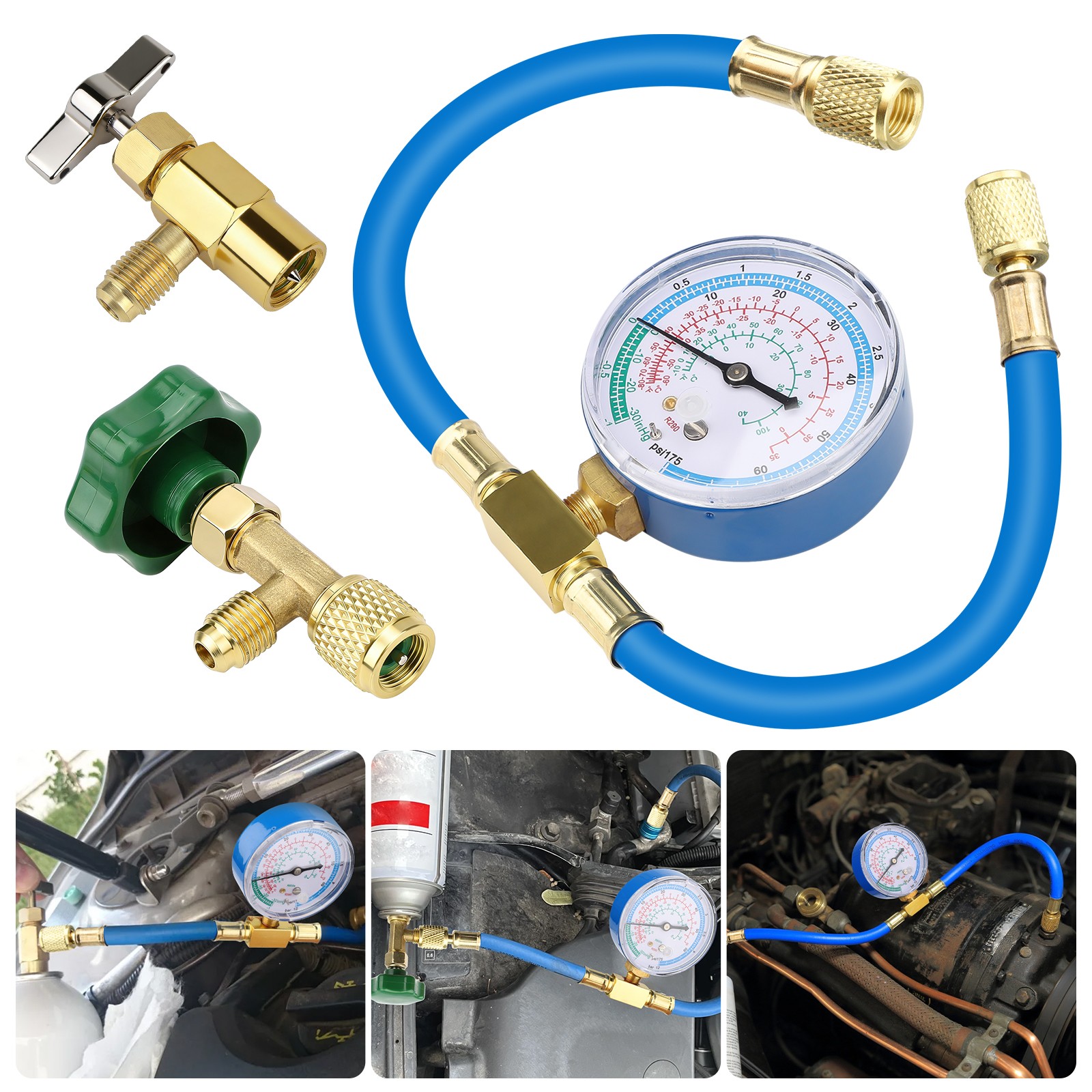 R290 R600A Refrigerant Charging Hose w/ Gauge & Can Tap 600 PSI AC Recharge kit
