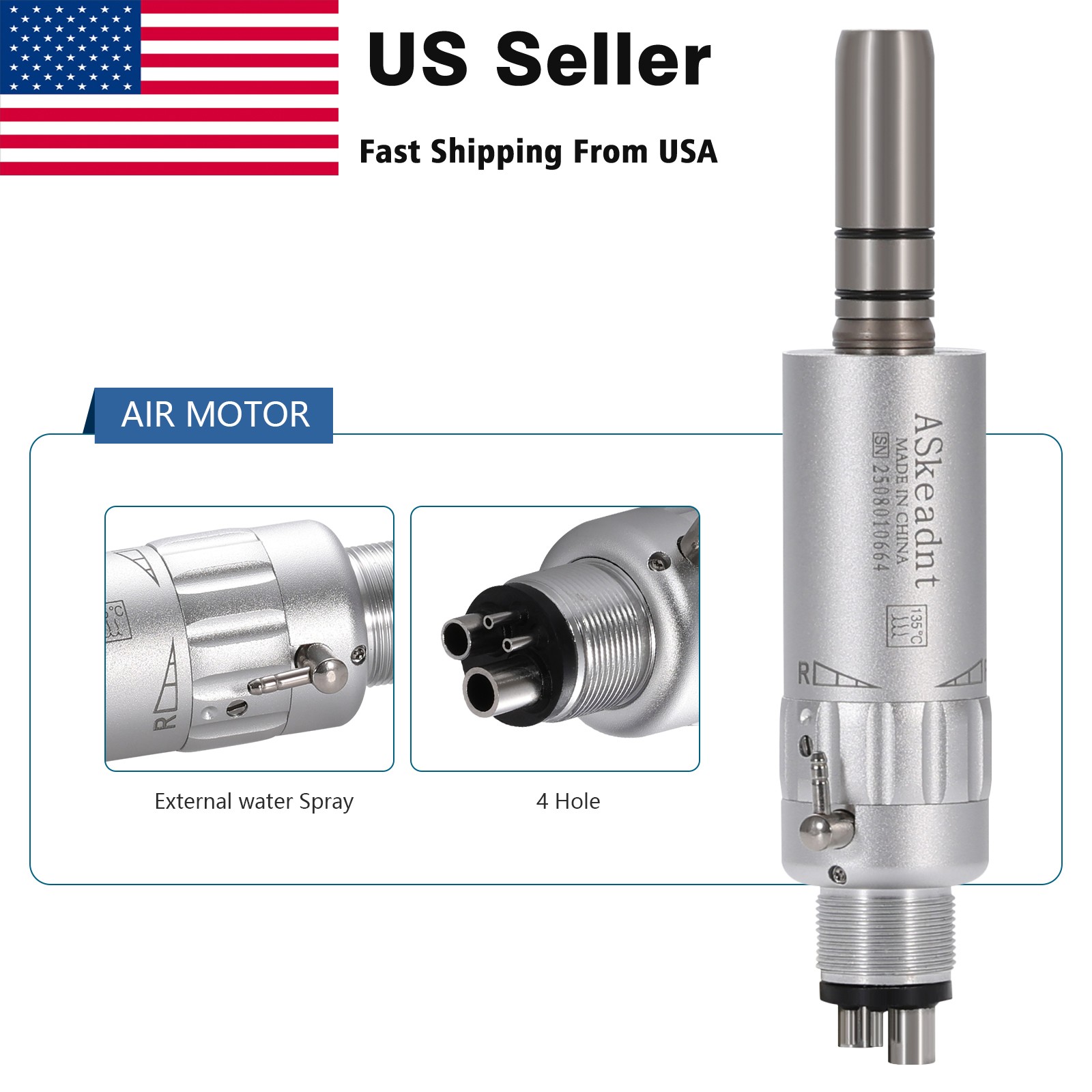 ASkeadnt Dental E-type 4 Hole Air Motor Handpiece Low Speed External Water Spray