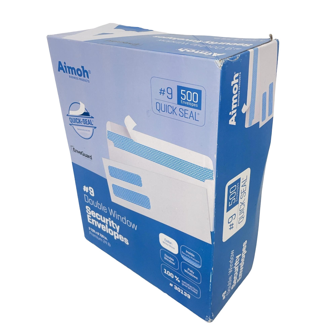 Aimoh #9 Double Window Security Envelopes 3-7/8 x 8-7/8 White 500 Quick-Seal