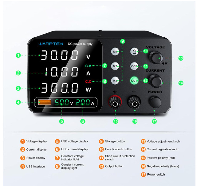 Fuente de alimentación DC 30V 10A con memoria, protección OCP y carga USB. Nuevo