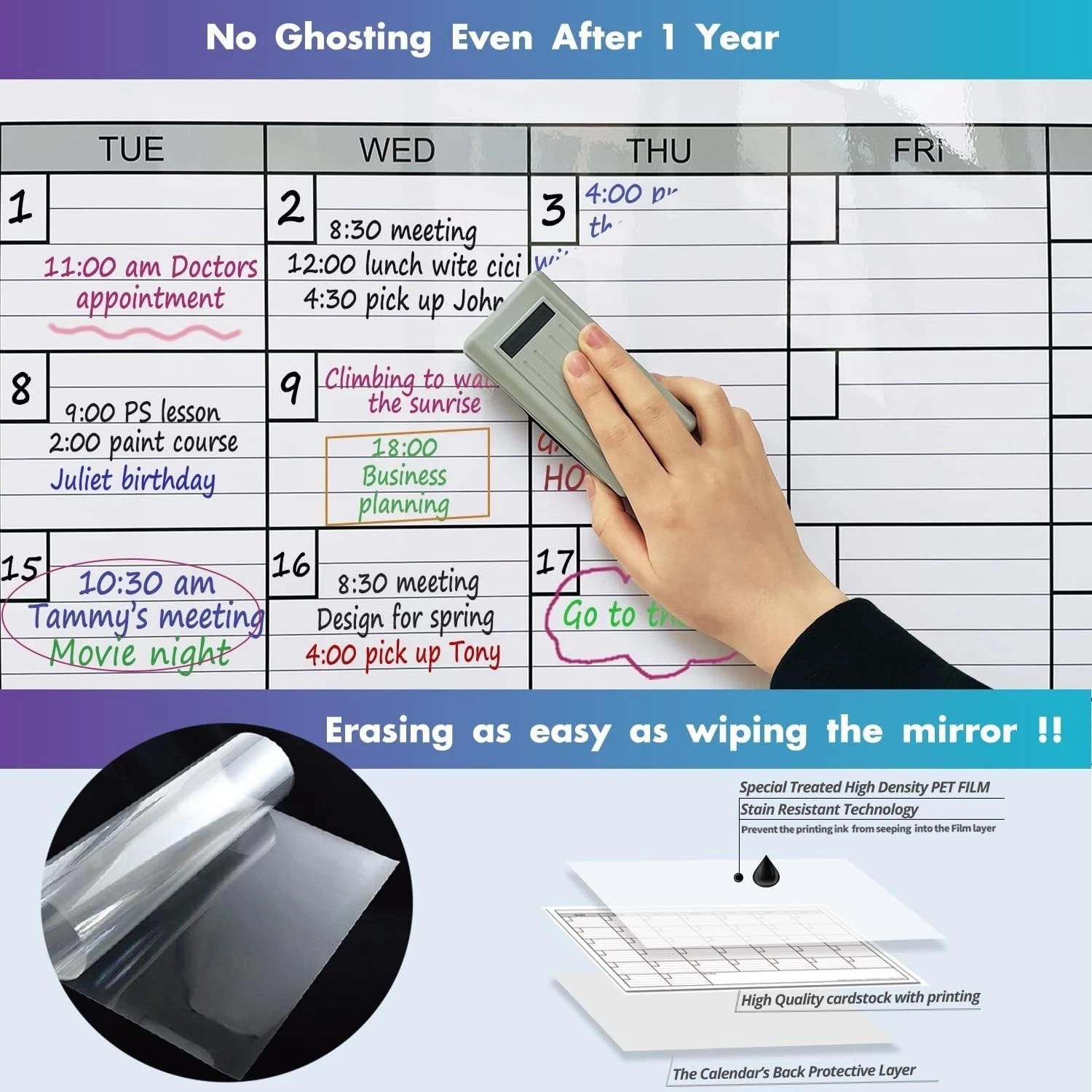 Wall-Mounted Extra Large Dry Erase Calendar: Includes Weekly & Yearly Planners