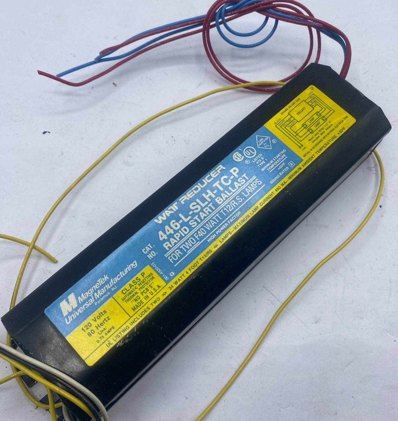 MAGNETEK 446-L-SLH-TC-P UNIVERSAL WAT REDUCER RAPID START BALLAST 120V 60HZ
