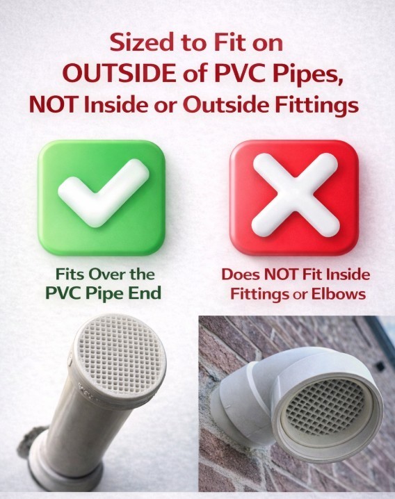 New All Plastic PVC Pipe Mesh Vent Cap, Various Sizes, Fits on Outside of Pipe