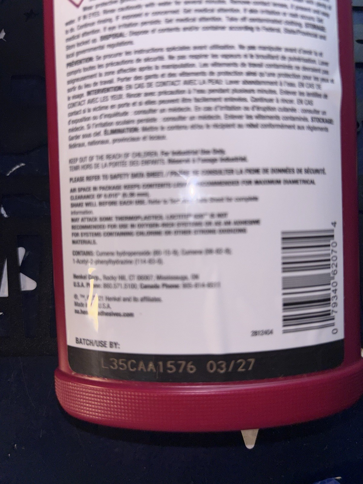 USA Made Loctite 620 250mL Retaining Compound 62070 Exp 2026 ONE BOTTLE