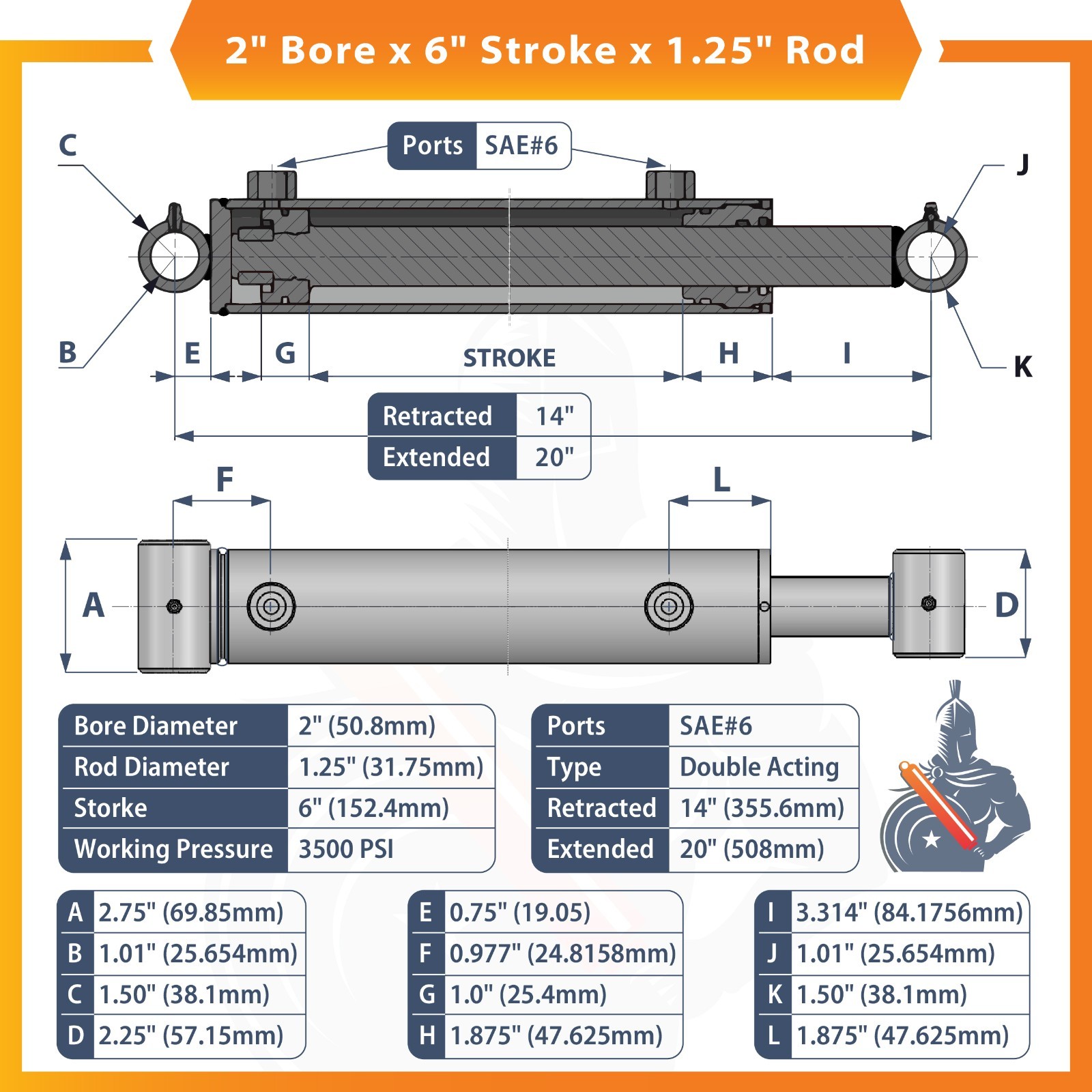 2×6 Hydraulic Cylinder- 2″ Bore, 6″ Stroke -Welded Cross Tube Cylinder(new)