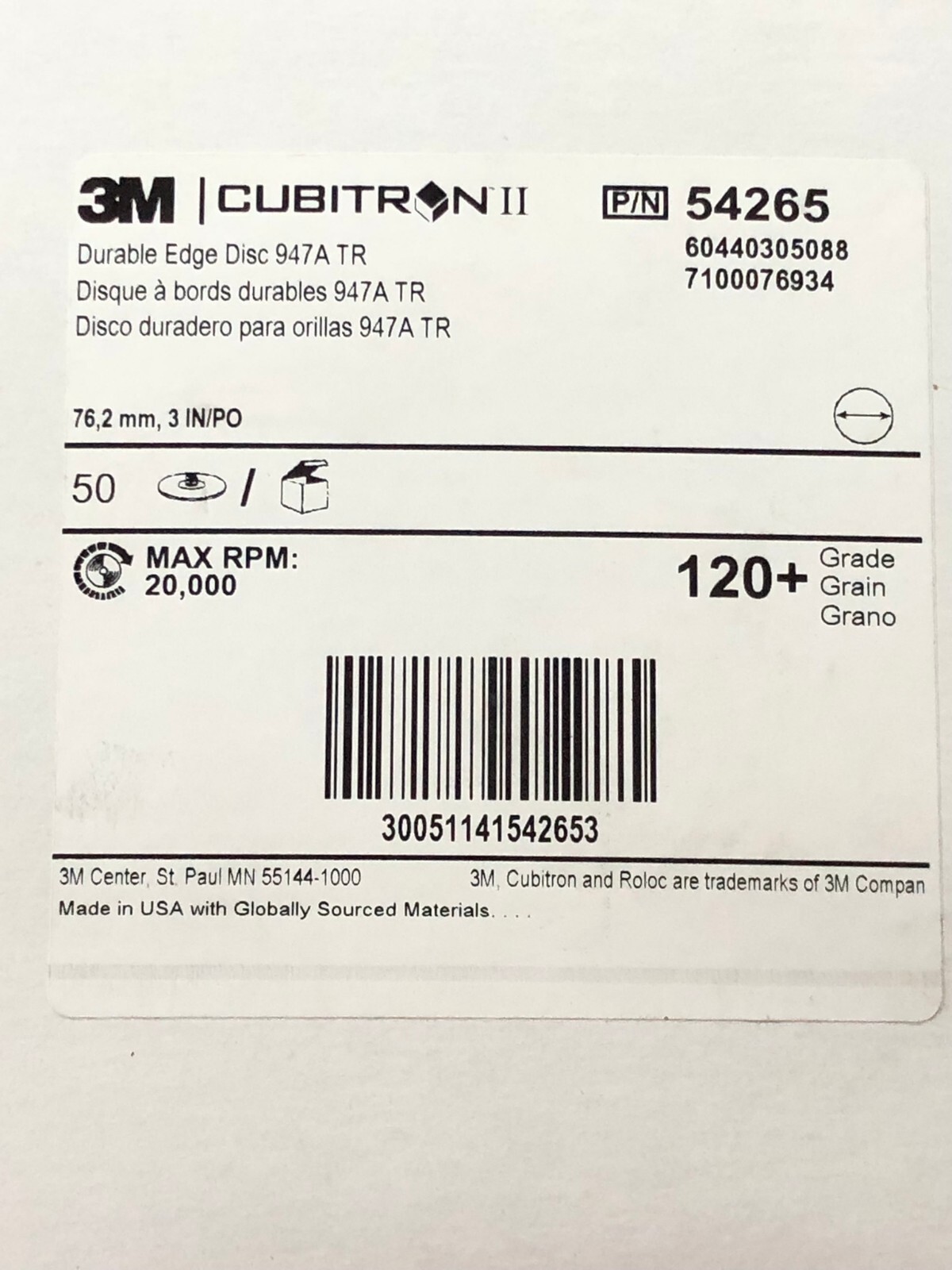 3M 54265 CUBITRON II DURABLE EDGE 50 DISCS PER BOX 3″ DIAMETER 120+ GRIT GRADE