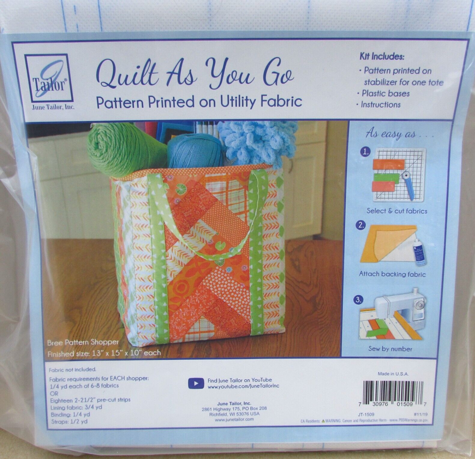 June Tailor JT-1509 Quilt As You, Go Bree Pattern Shopper Tote, 13″ X 15″ X 10″