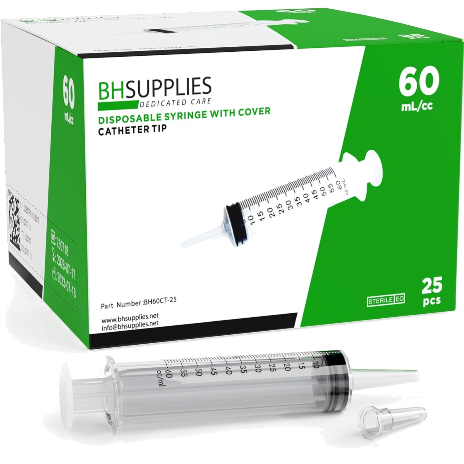 Medical Syringe 60mL Plastic Catheter Tip Sterile with Caps Pack of 25