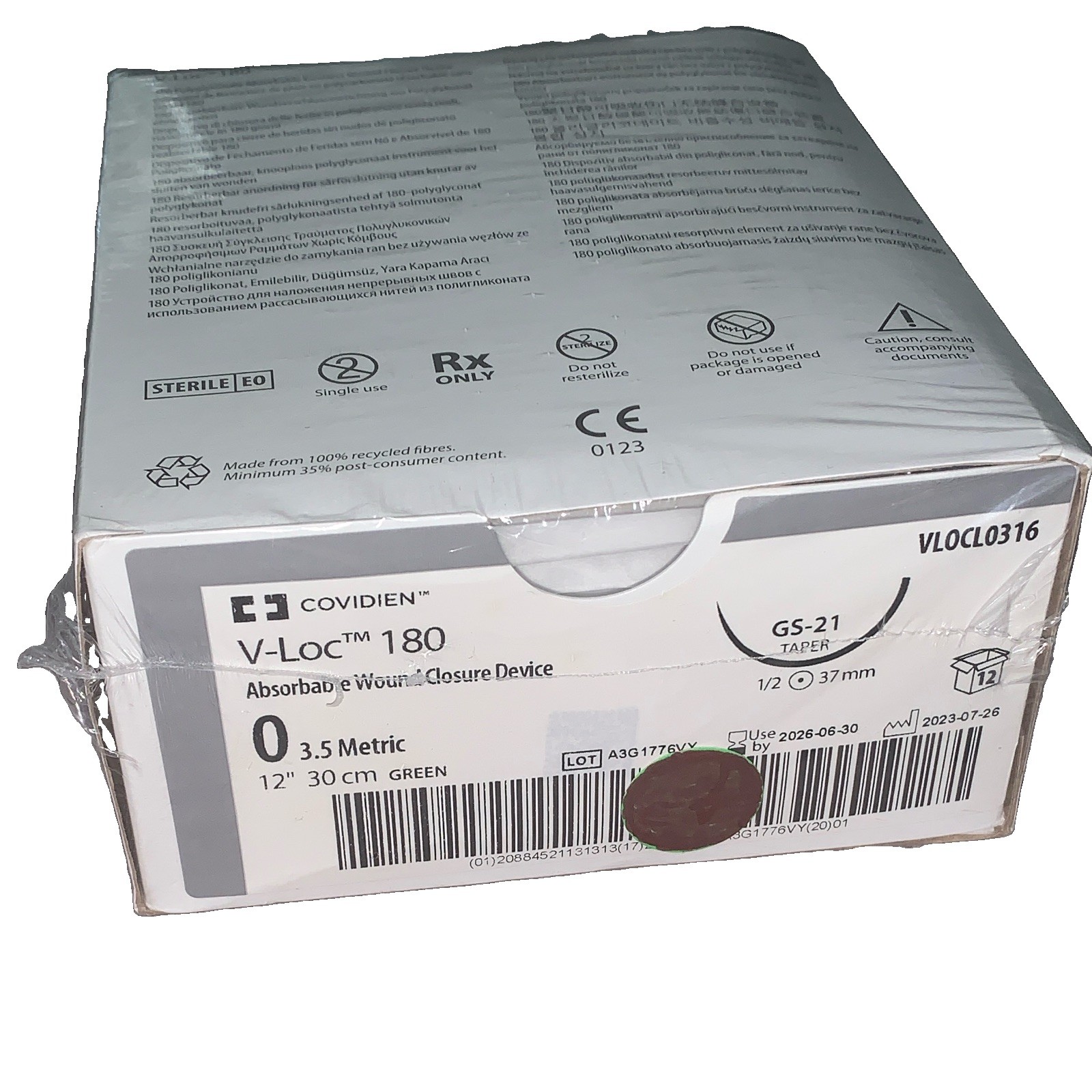 Covidien V-Loc 180 Absorbable Wound Closure 0 12in Green GS-21 VLOCL0316