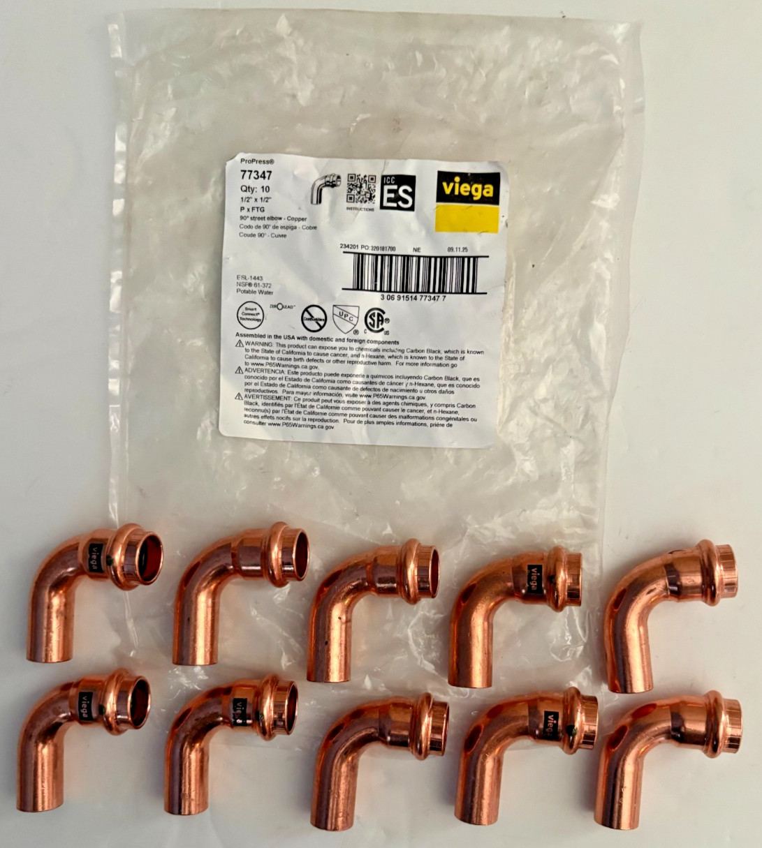 Viega ProPress 1/2 in. Press x 1/2 in. FTG 90-Degree Street Elbow – 10PK – 77347