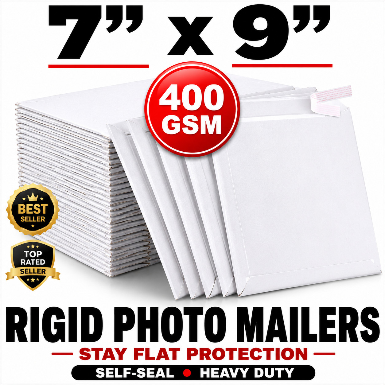 7×9 Rigid Photo Mailers Stay Flat Cardboard Envelopes Self Seal 400 GSM White