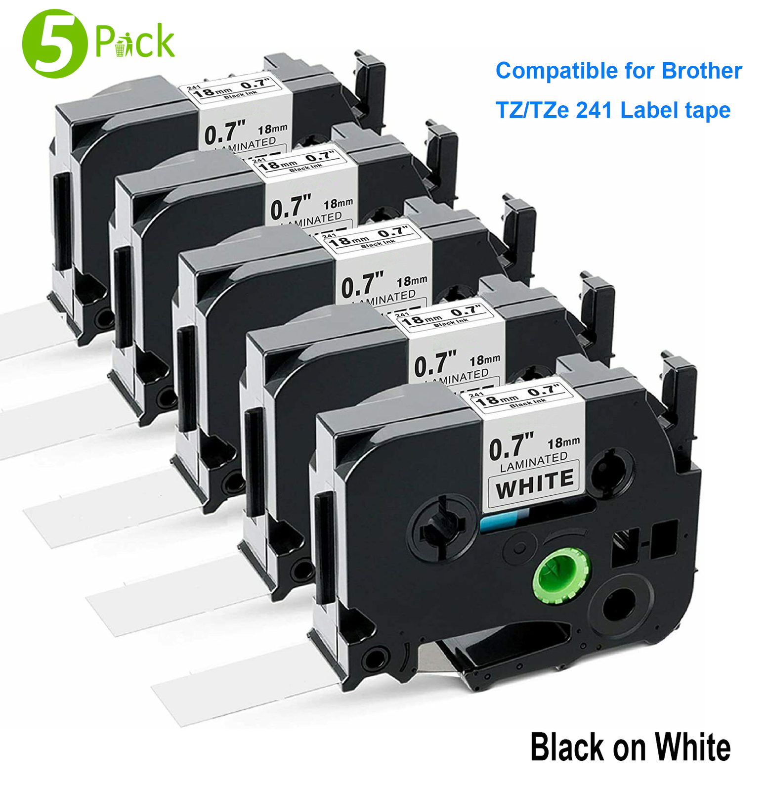 5x 18mm Compatible Brother P-Touch TZe/TZ-241 Adhesive Label Tape Black on White