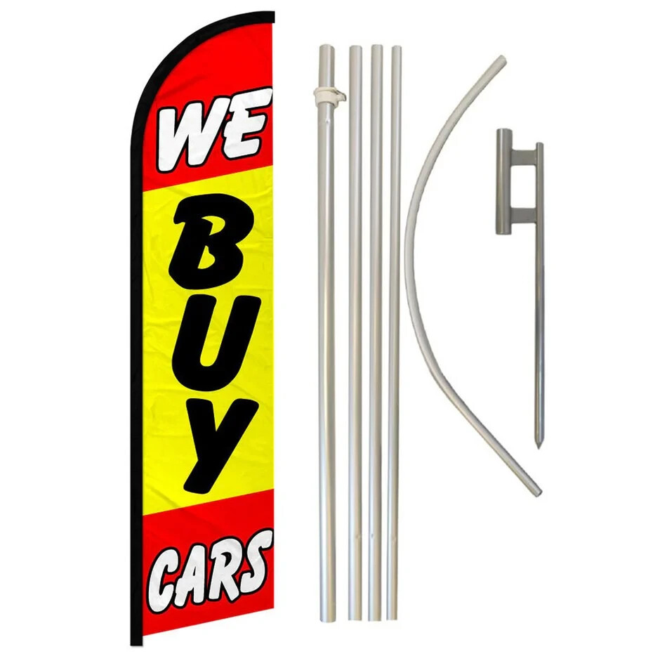 We Buy Cars Windless Full Curve Advertising Auto Banner Flag & Pole Kit
