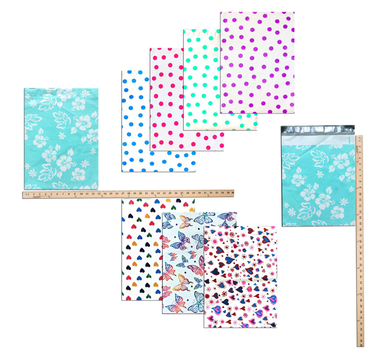 12″ x 15″ Designer Poly Mailers, Pink,Teal, Polka Dots,Hearts Flat Shipping Bags
