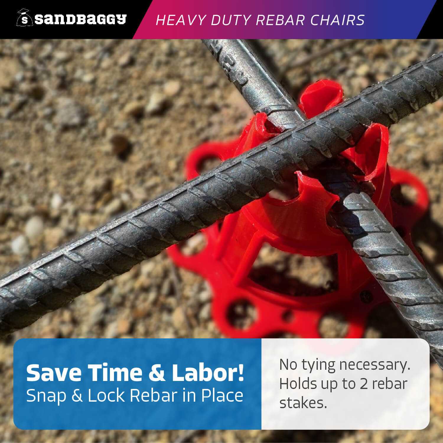 Sandbaggy Plastic Rebar Chair – Elevates Rebar 1 ½» or 2″ – Rebar #3 to #5 (Red)
