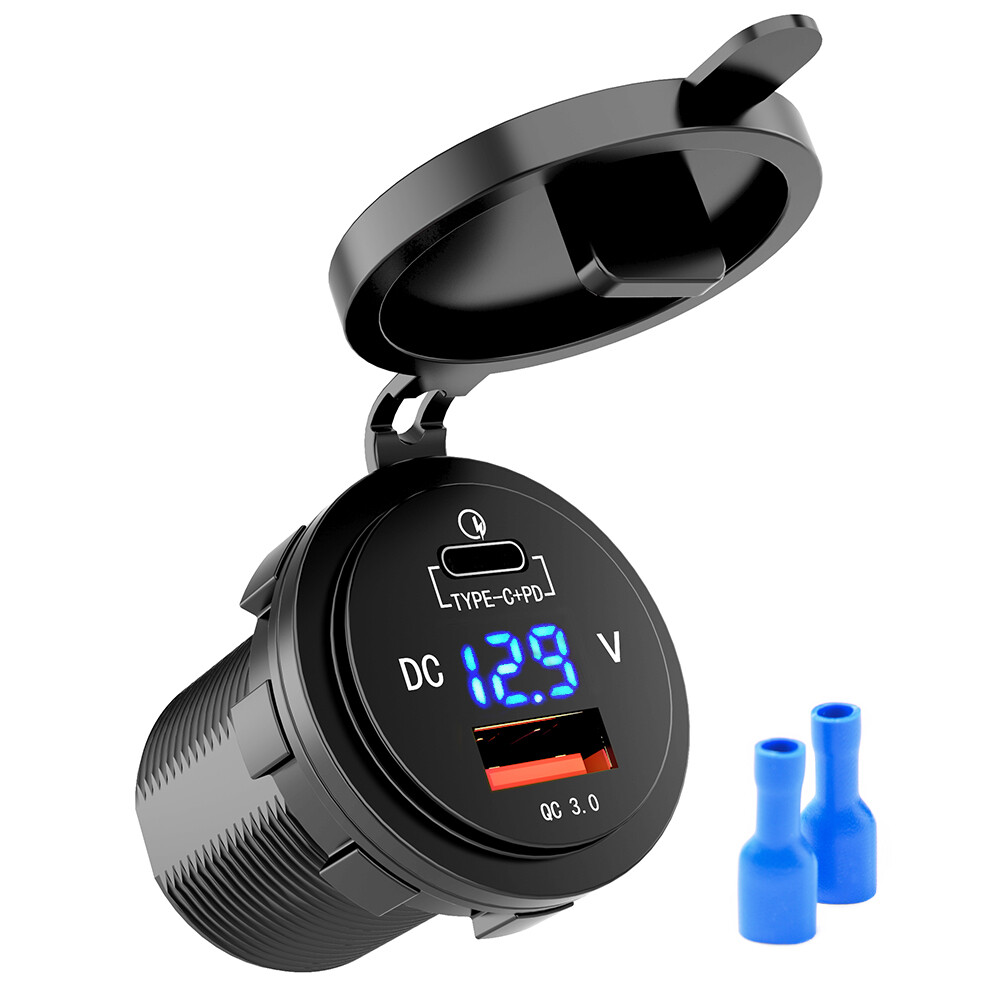 USB Fast Car Charger QC3.0 Port Type-C Power Supply Socket LED Digital Voltmeter