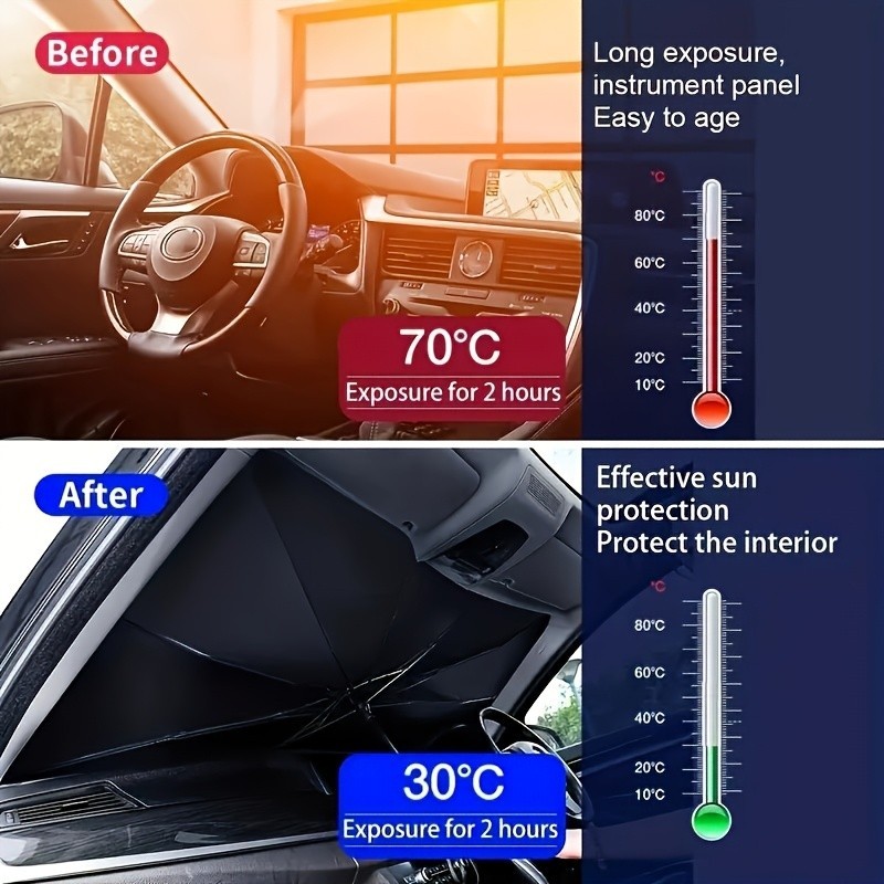 UPF50 Compact Roll Up Car Sunshade Front Window Heat UV Protection Black