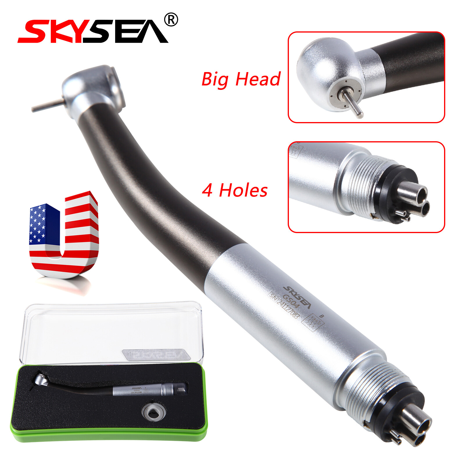 SKYSEA Dental High Speed Turbine Handpiece Push Button 4 Spray Large Head 4Hole