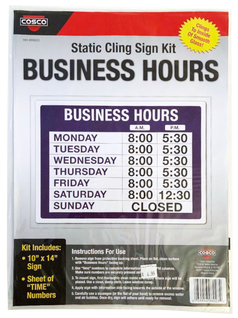 Cosco Sign Kit – Static Cling Business Hours