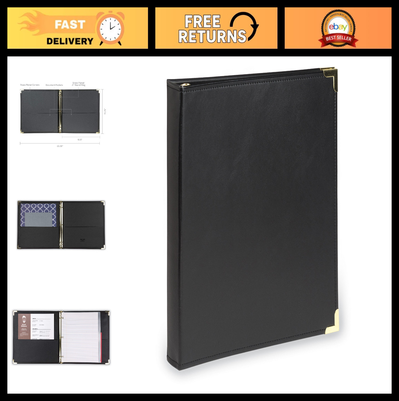 Classic Leather 3 Ring Binder Portfolio, Executive Presentation, 0.5 Inch, Holds
