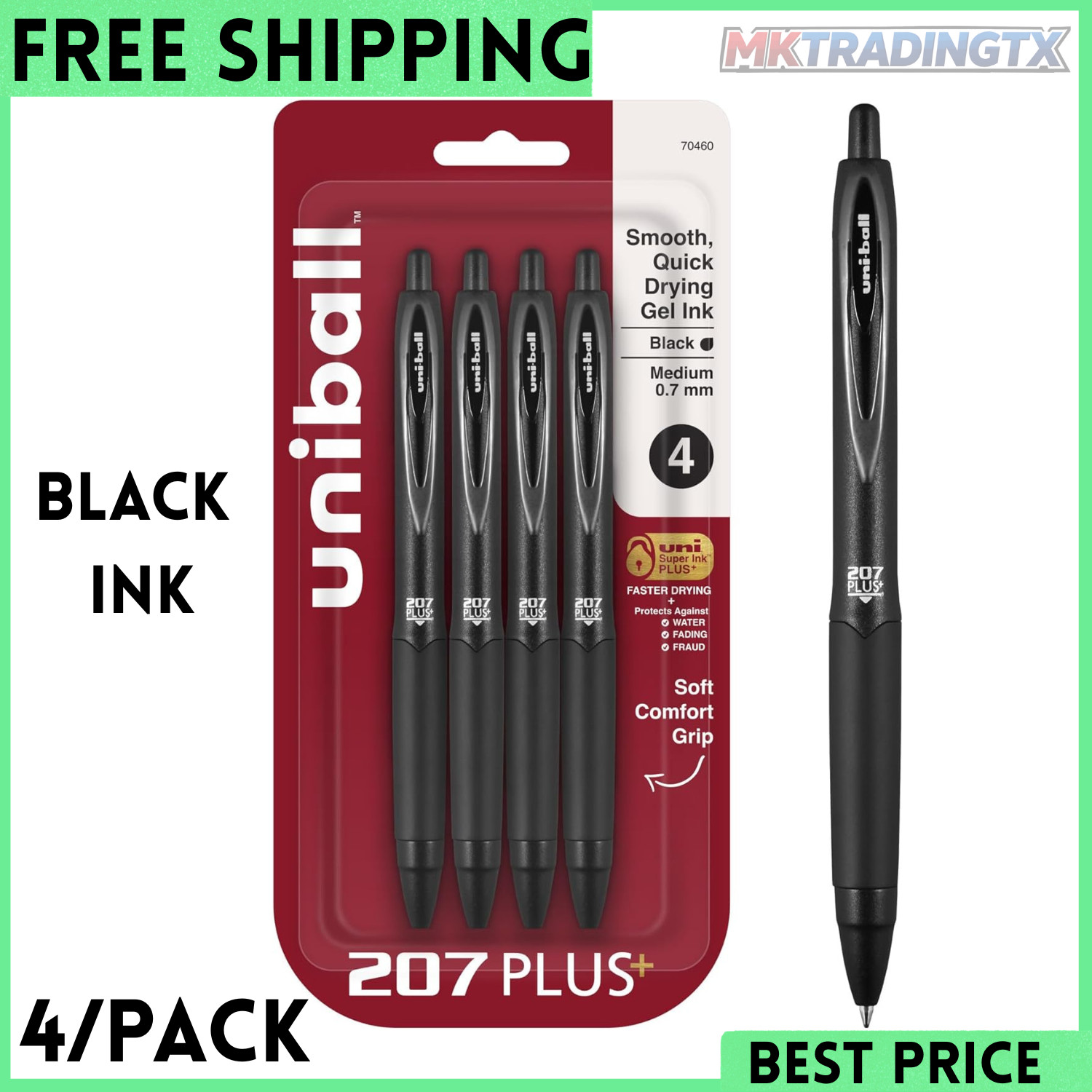 Uniball Signo 207+ Gel Pen 4 Pack 0.7mm Medium Black Pens Gel Ink Pens Office