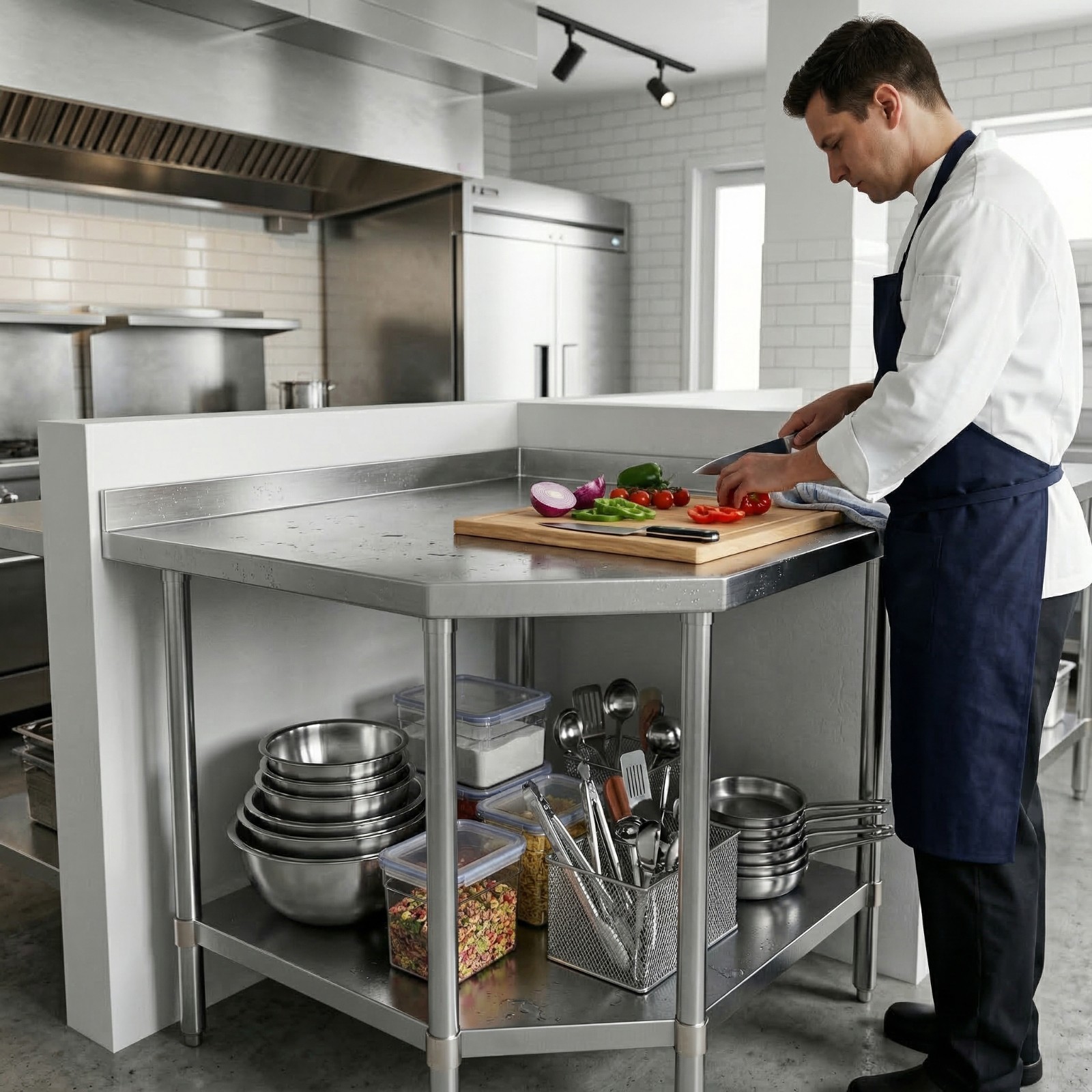 24″ x 24″ x 35″ Corner Stainless Steel Work Table with 1.5″ Backsplash