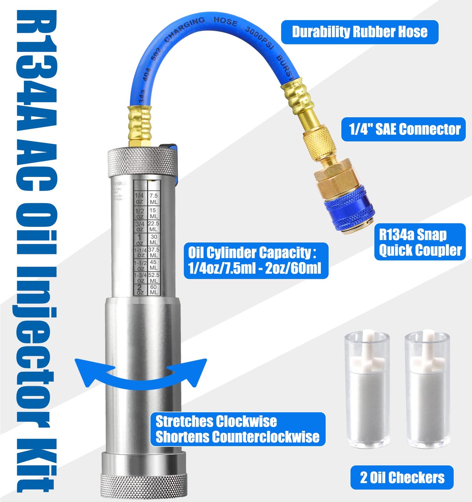 AC Oil Dye Injector Kit for R134a Refrigerant System with 1/4″ SAE Connector and