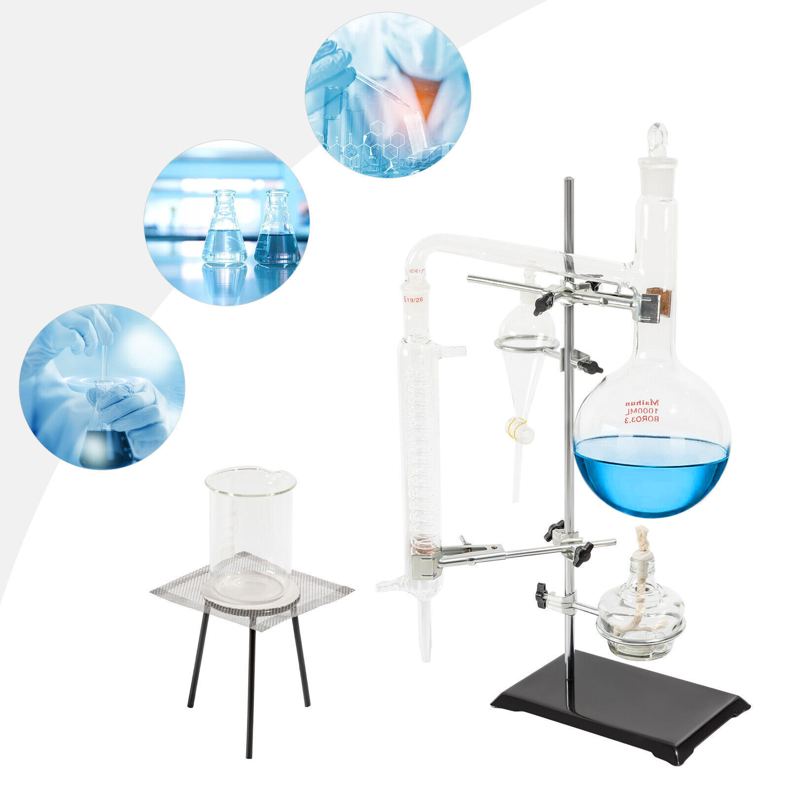 1000ml Distillation Apparatus Kit Chemistry Lab Essential Oil Distilling Glass