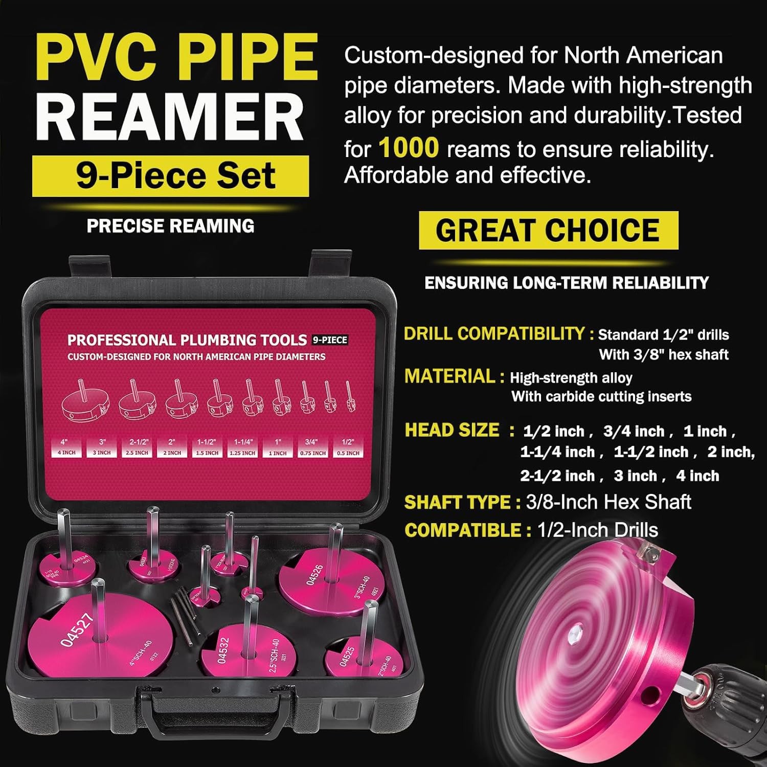9PCS PVC Pipe Reamer Kit for Standard 1/2″ Drills, Fits 1/2″ to 4″ Pipes