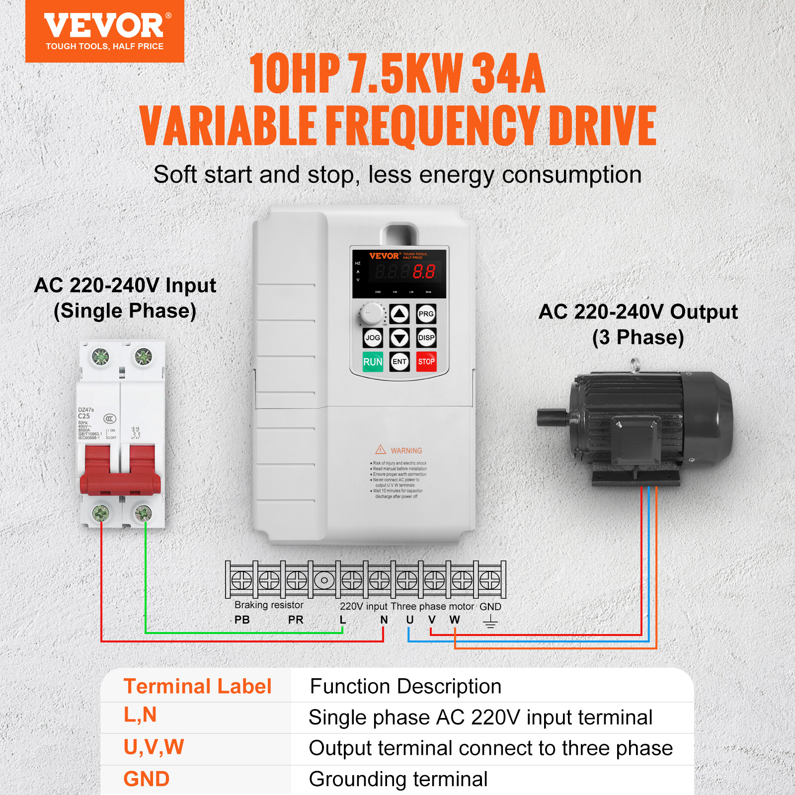 VEVOR 7.5KW 10HP Variable Frequency Drive VFD for 3-Phase Motor Speed Control