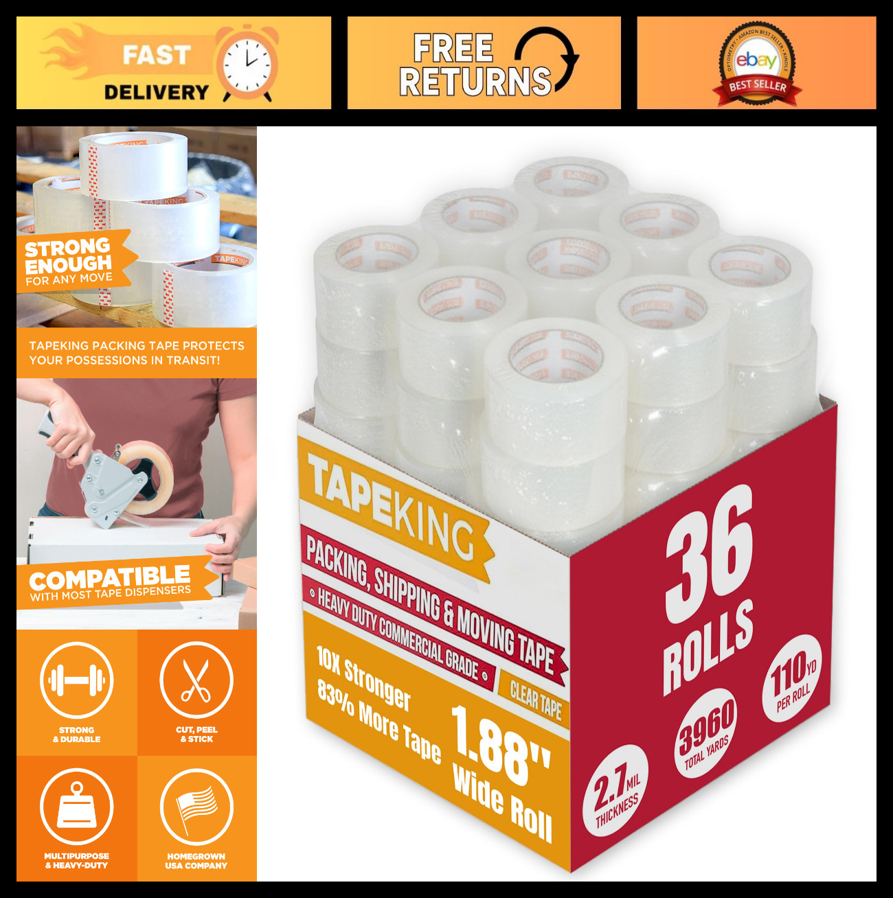 Heavy Duty Clear Packing Tape – 36 Rolls, 110 Yards Each, 1.88″ Wide, Strong Adh