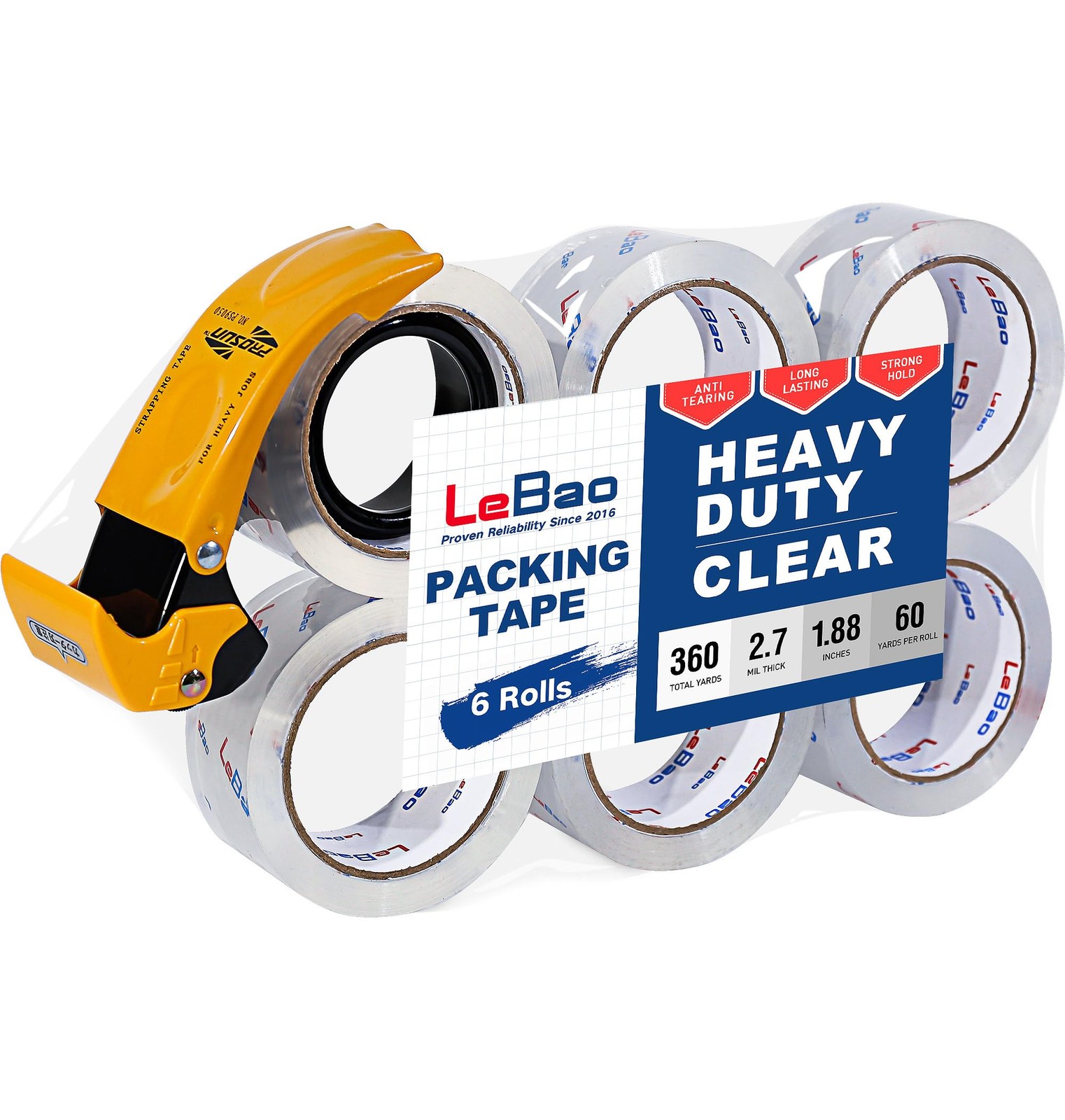 6 Rolls Heavy Duty Packing Tape with Metal Dispenser 1.88 in x 60 yd 2.7 Mil