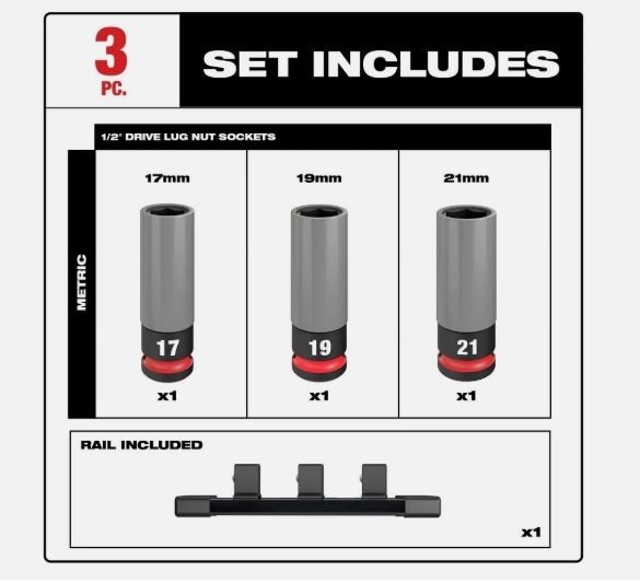 Milwaukee 1/2″ Metric Lug Nut Socket Set 3 PC Impact Duty SHOCKWAVE 49-66-7830