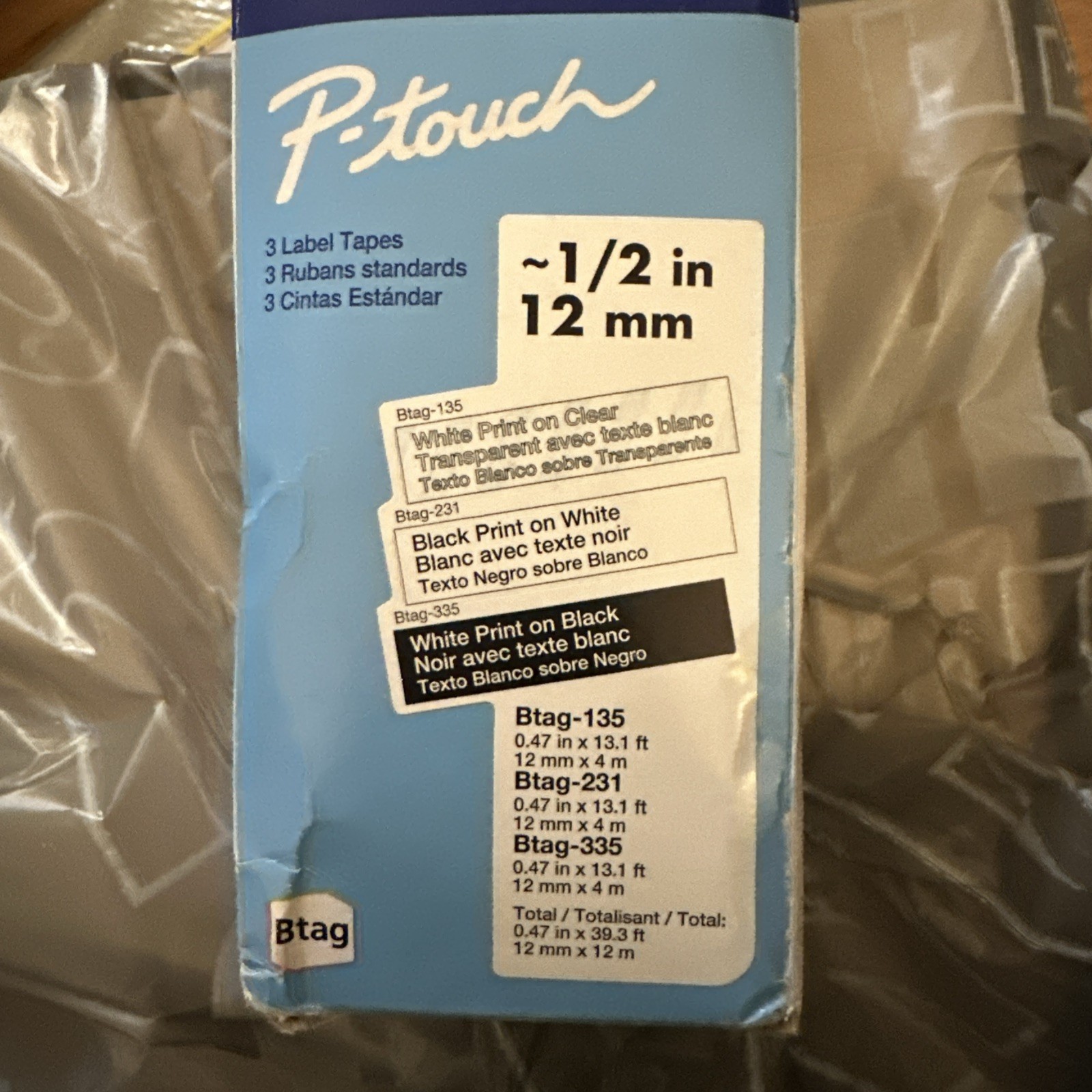 Brother P-touch ~ 1/2 in 12 mm White on Clear, Black on White, White on Black