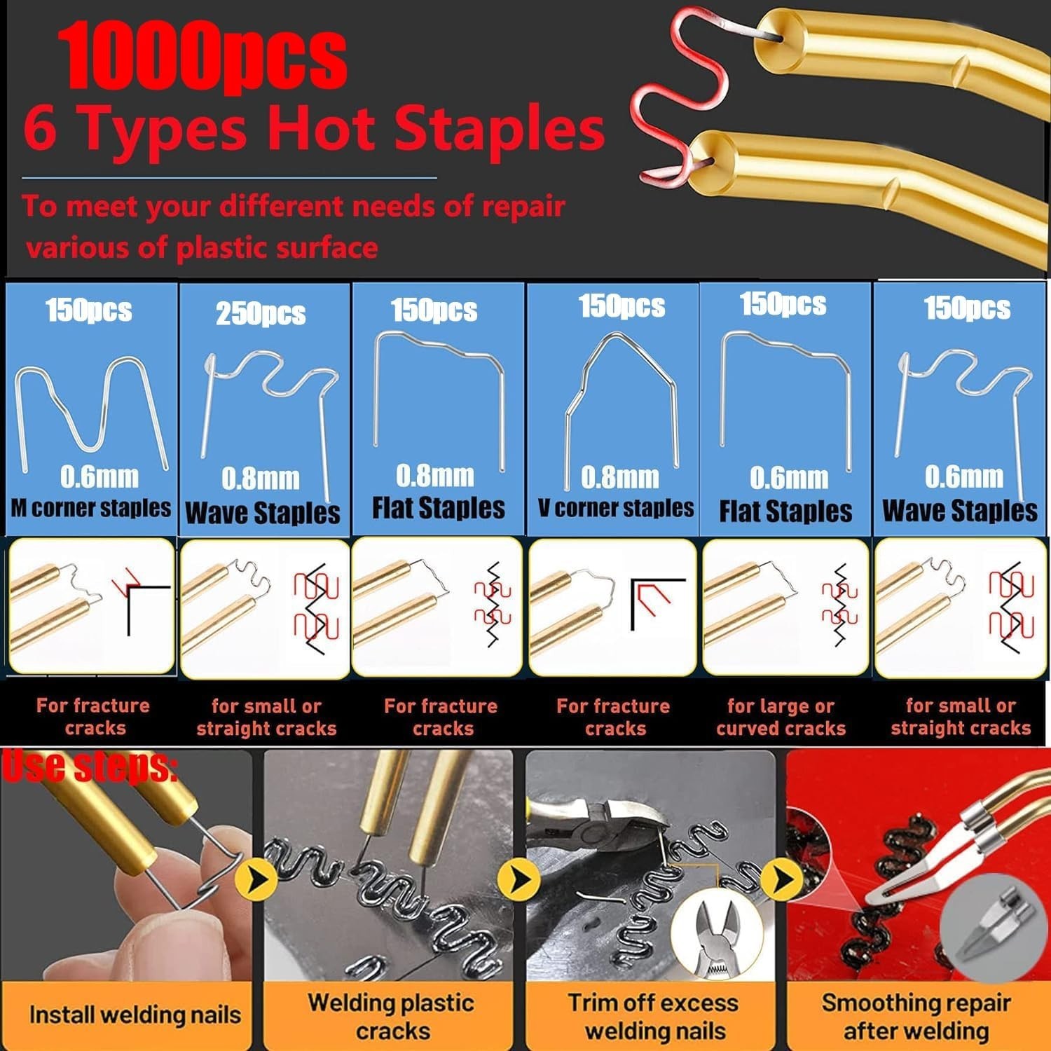220W Plastic Welder Kit Hot Stapler Soldering Gun 1000 Staples Car Bumper Repair