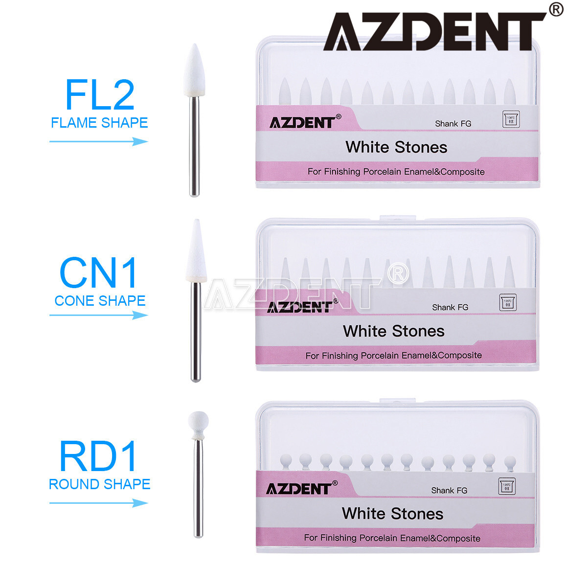 3Type Dental White Stone Polishing Burs FG Aluminum Oxide Flame/Cone/Round Shape