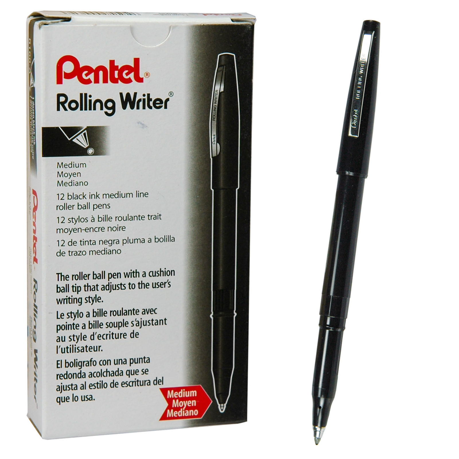 Pentel Rolling Writer Black Roller Ball Pen, R100A R100-A, Box Of 12 Pens