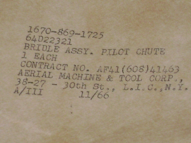 U.S. Air Force Pilot’s Parachute Bridle Assembly VIETNAM WAR ERA 1966