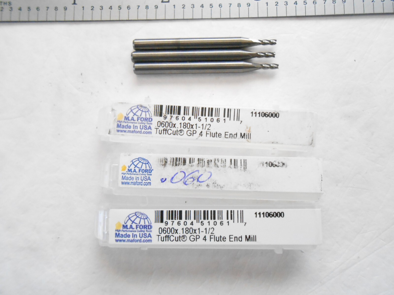 NEW M.A. FORD USA 3PCS. .060″ D X .180″ LOC X 1-1/2″ L 4FL CC CARBIDE SQ ENDMILL