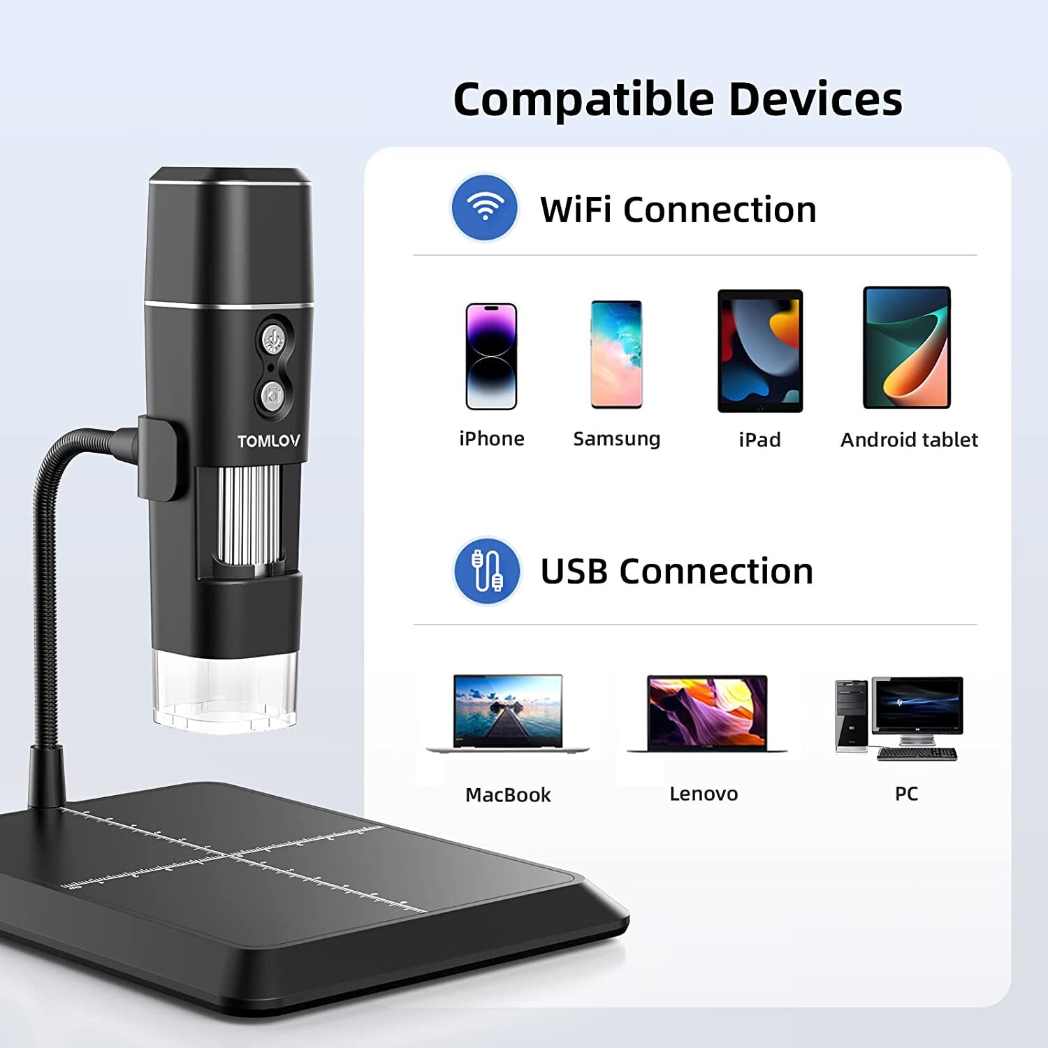 TOMLOV DM1 WiFi Wireless Digital Microscope 1000X 1080P USB Coin scope For Ipad