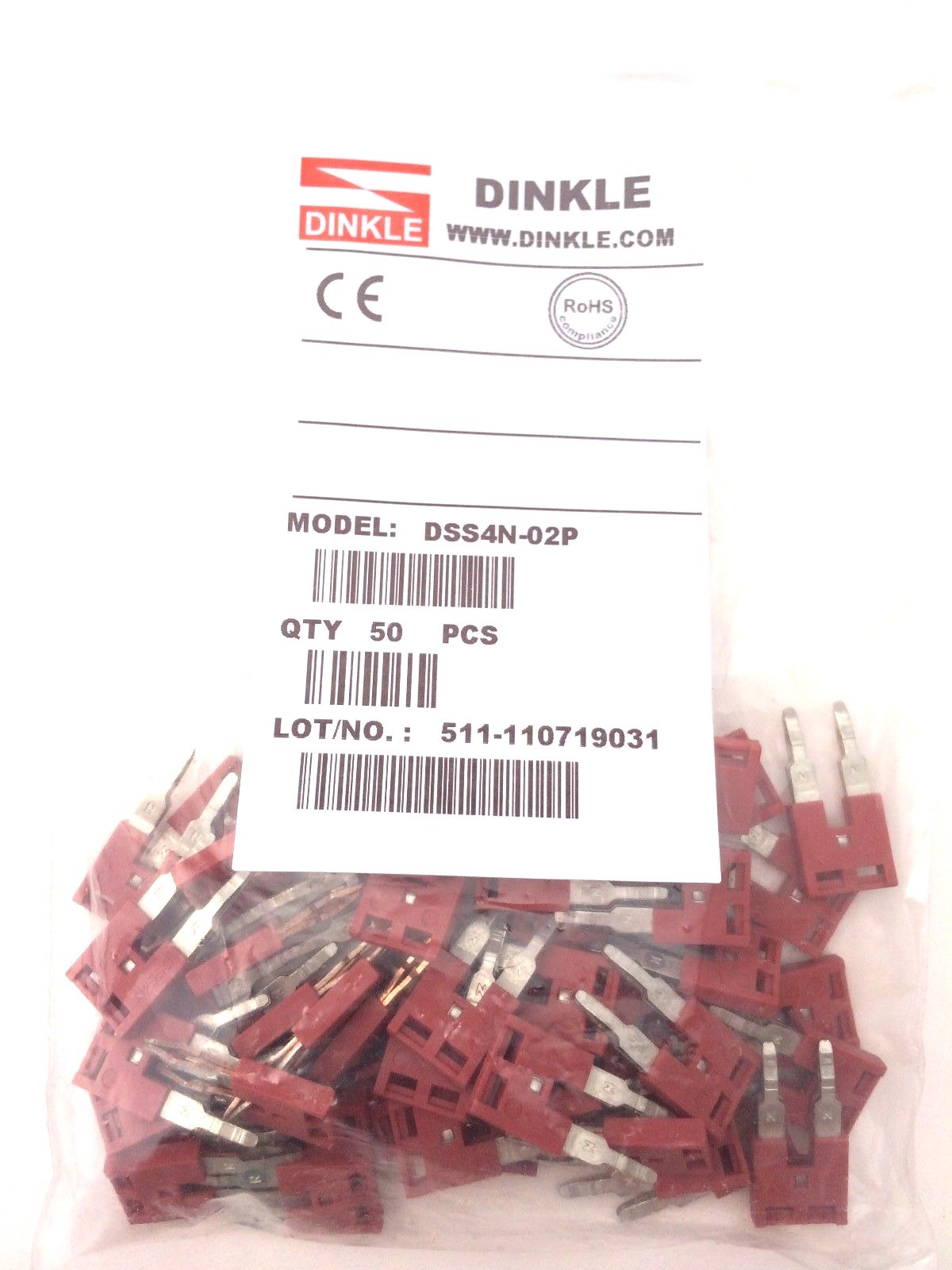 DIN Rail Terminal Block Jumpers 50 Quantity DSS4N-02P Dinkle 10 AWG 2 Pole DK4N