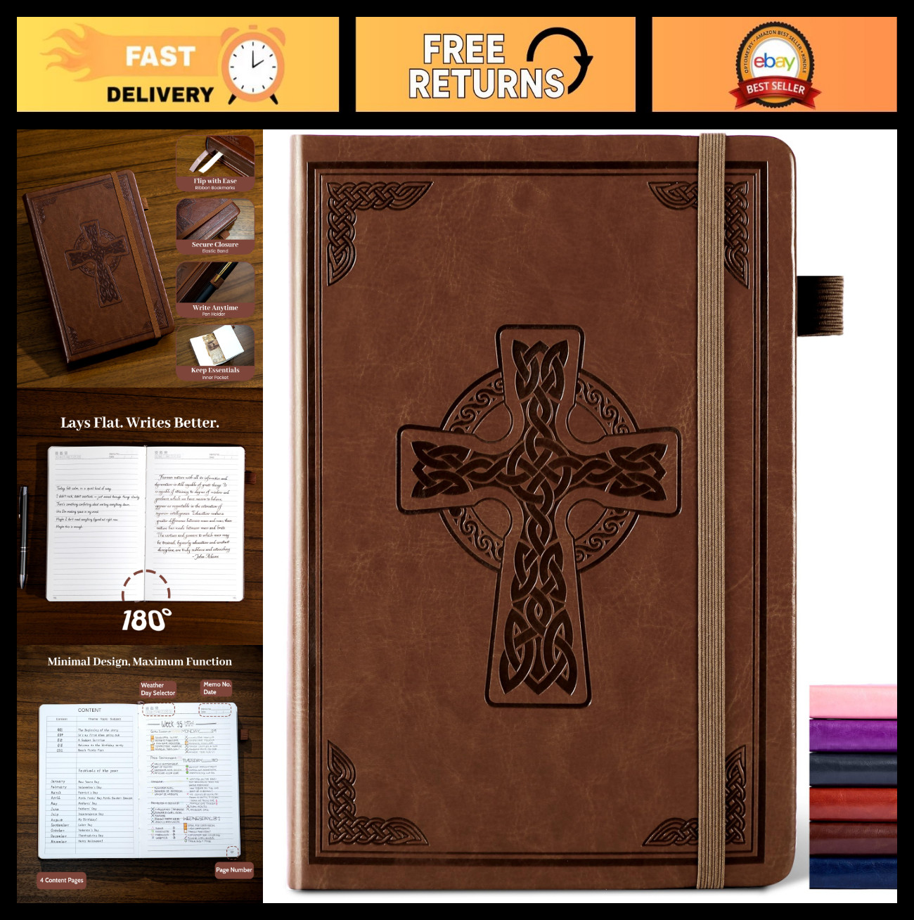 Leather Journal Notebook A5 – Debossed Cross, 320 Thick Pages, Hardcover Diary f