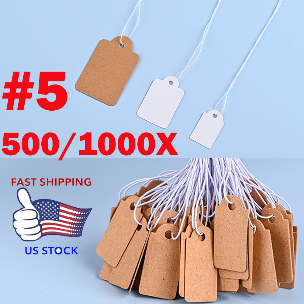 500/1000PCS Garage Sale Price Tags Size #5 Blank Merchandise Hang String Strung