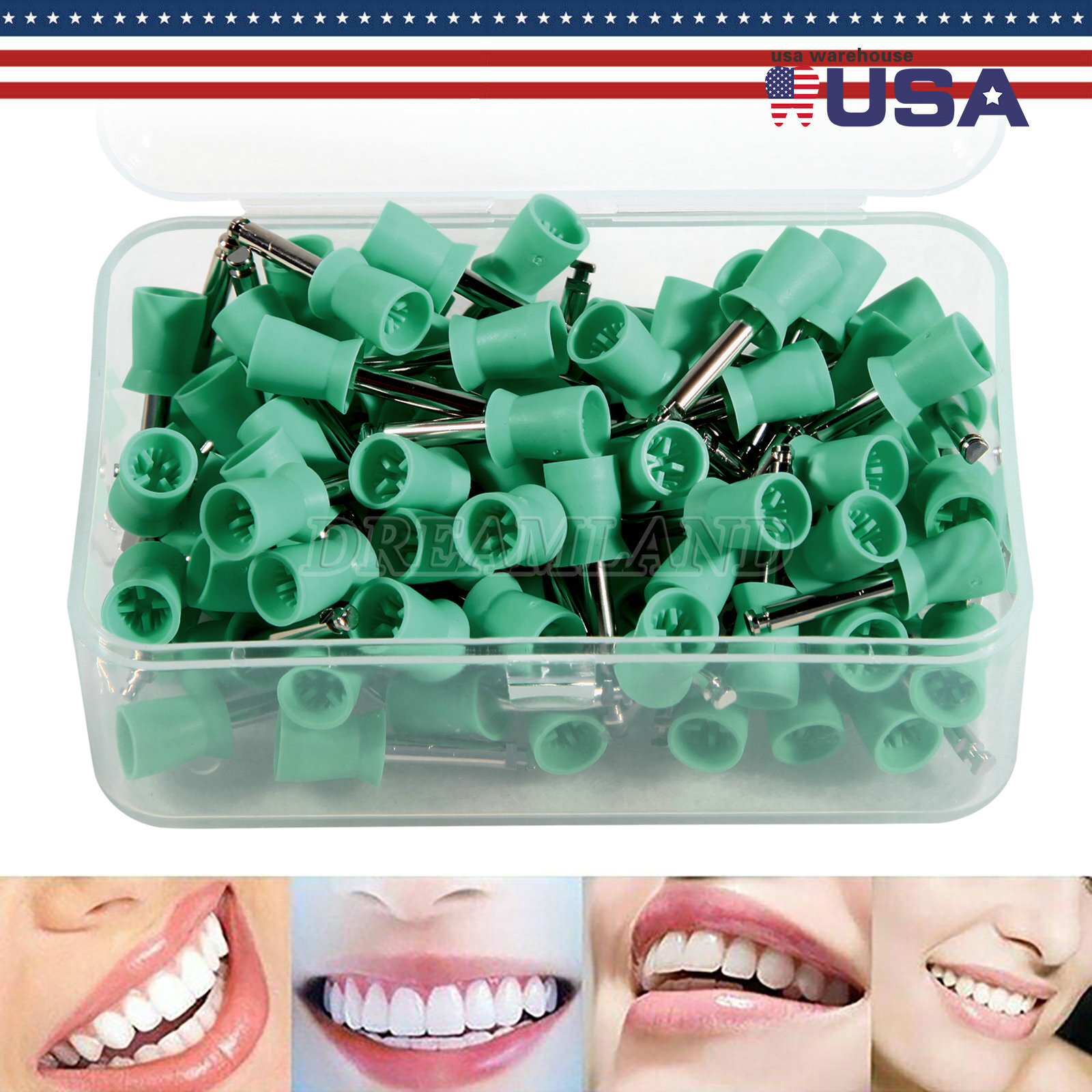 100pcs Dental Polishing Prophy Prophylaxis Cups Latch Type Rubber Polisher Green