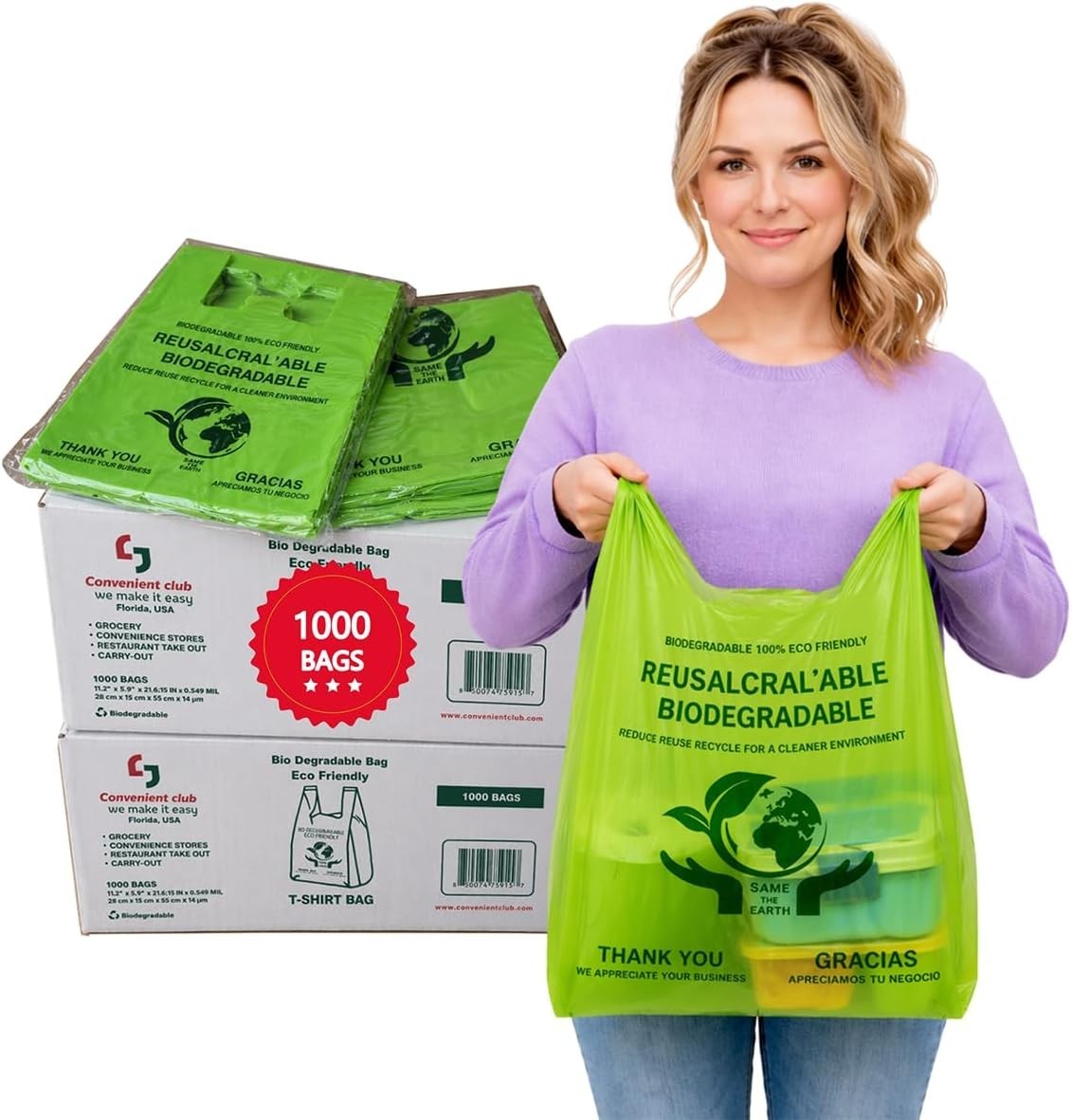 Thank You Biodegradable Eco Plastic Bags 1000 Count 12” x 6.5” x 22» 15 Mic