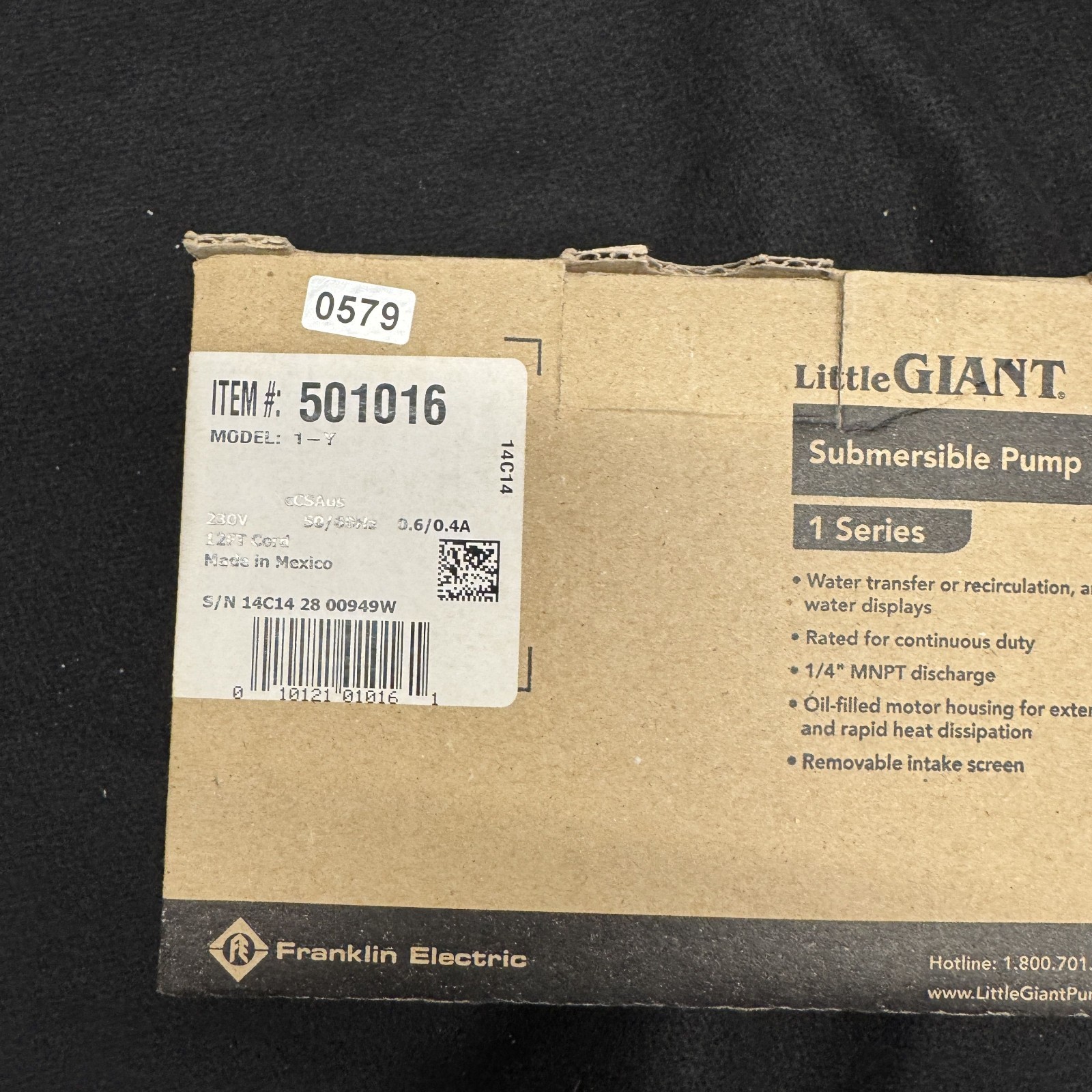 Little Giant 501016 Pump, 1/150 HP, 230 V, 12 ft. Cord (Item #0579) NIB