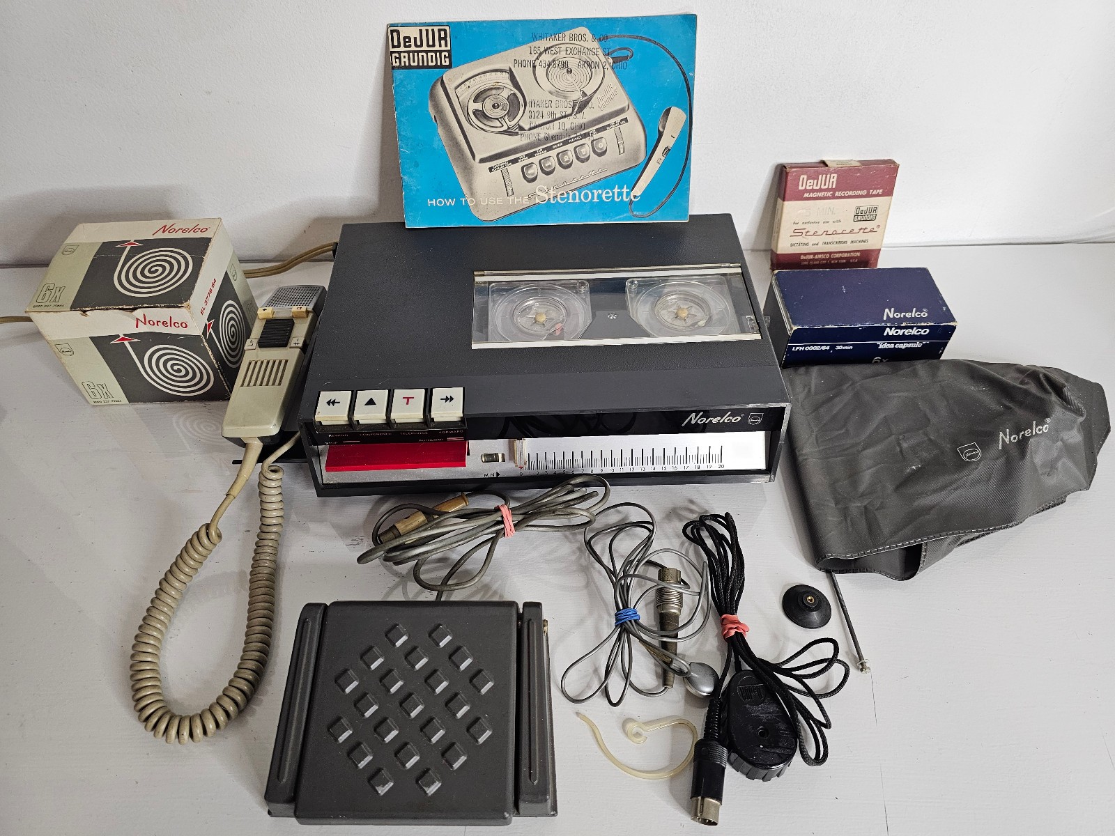 Vintage 1960s Norelco LFH 0084 Dictation Machine Mic, Foot Pedal, Ear Piece Etc
