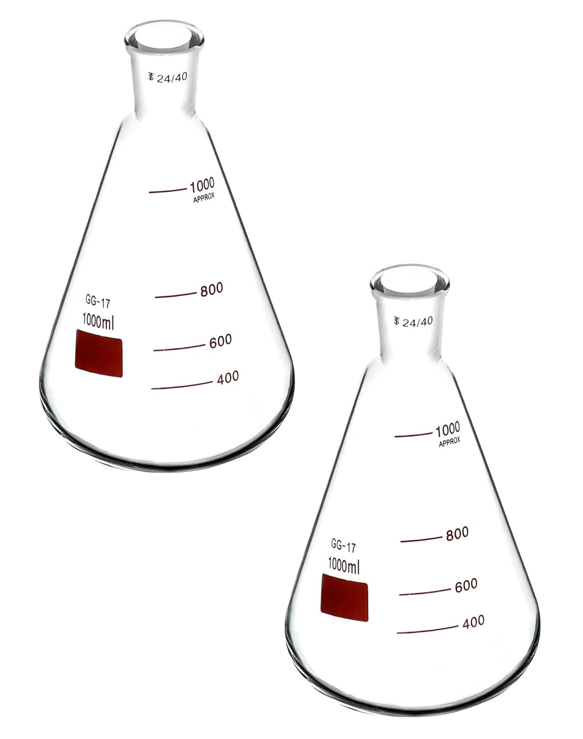 2 Pack 1000mL Borosilicate Erlenmeyer Flasks 24/40 Outer Joint Lab Glassware Set
