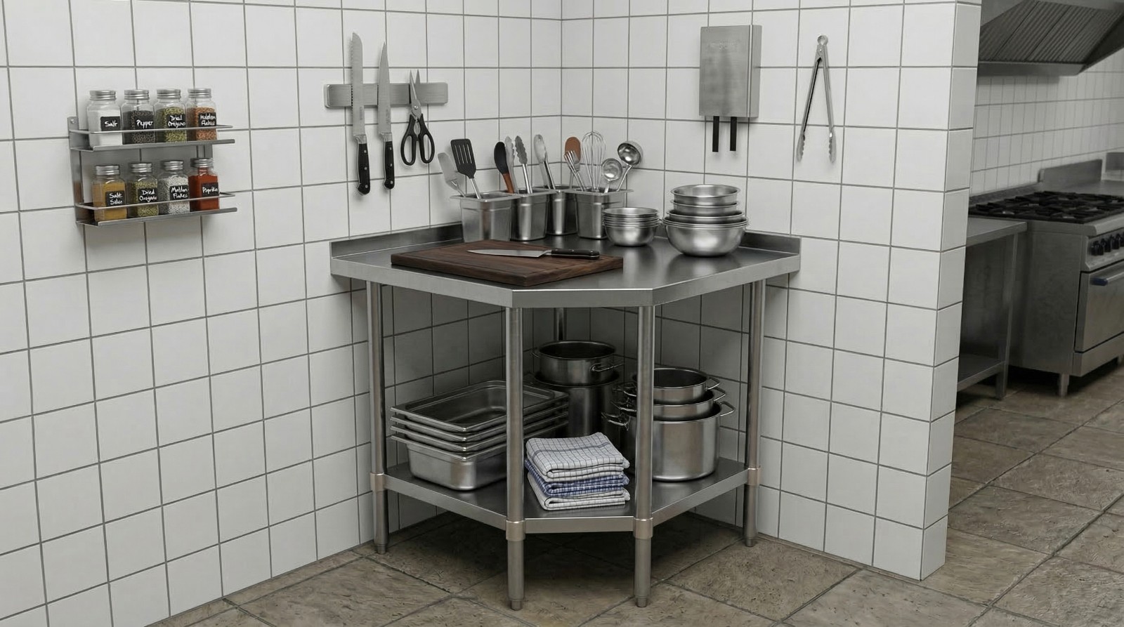 24″ x 24″ x 35″ Corner Stainless Steel Work Table with 1.5″ Backsplash
