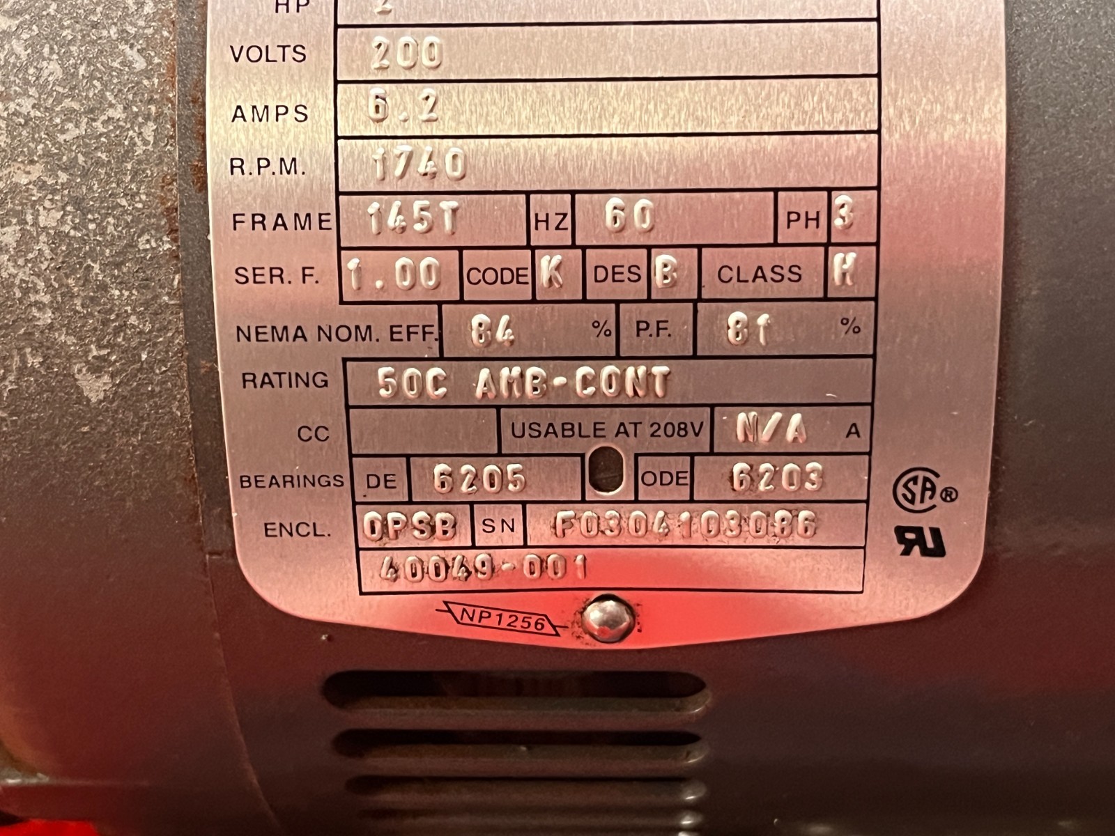 Used Baldor-Reliance Industrial Motor 2 HP 1740RPM 200V 6.2A Good Condition